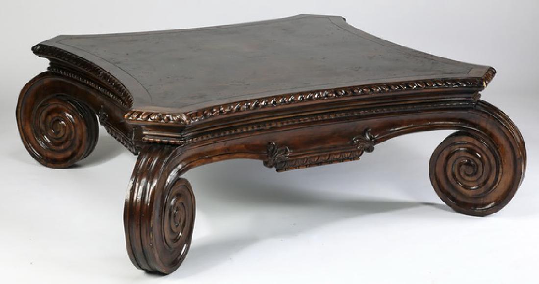 Carved wood coffee table w/ volute shaped base (1 of 3)