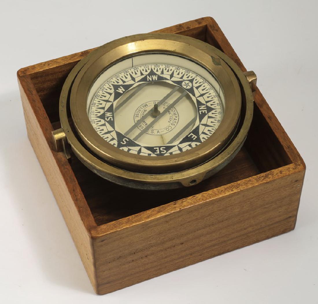 Baker brass gimbaled compass in maple box, 9"sq (1 of 4)