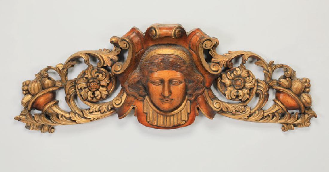 Continental style giltwood overdoor w/ maiden head (1 of 2)