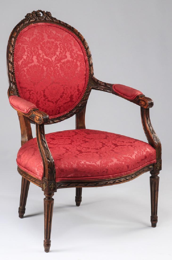 Louis XVI style fauteuil upholstered in damask, 38"h (1 of 2)