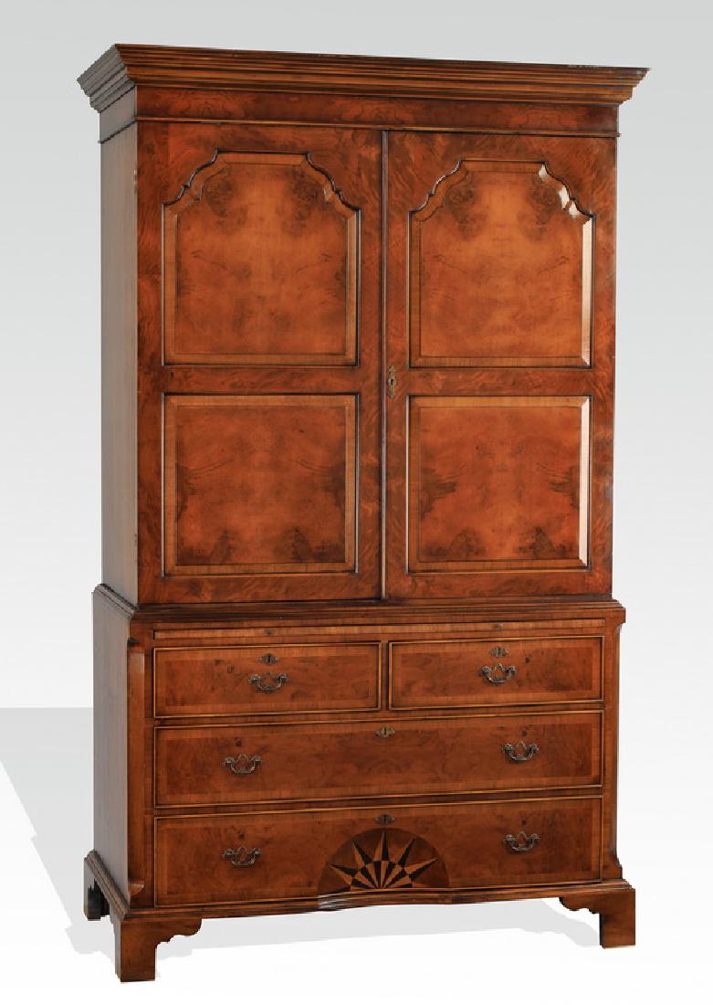 19th c. English marquetry inlaid linen press, 84"h (1 of 4)
