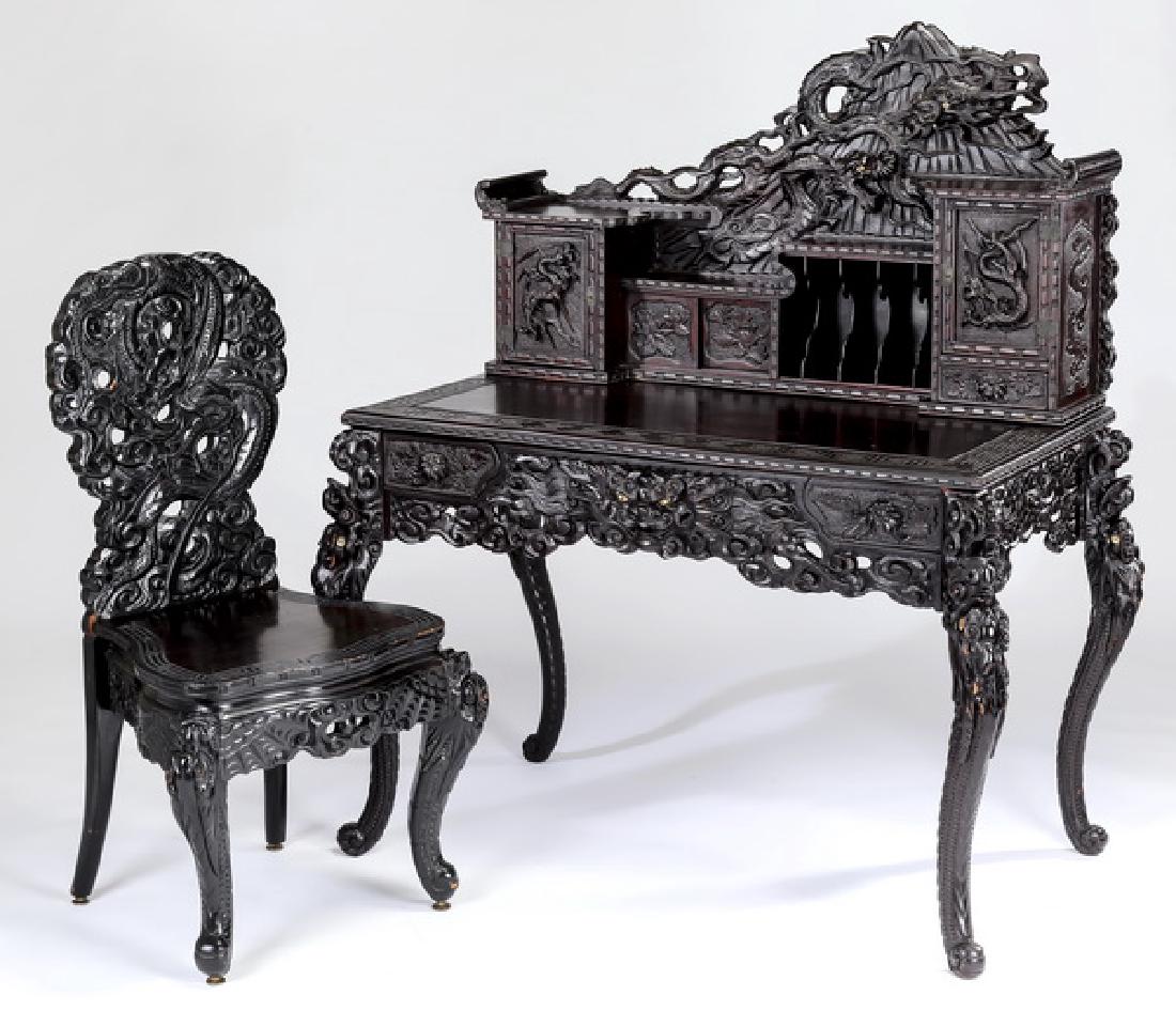 Japanese carved desk & chair w/ dragon motif (1 of 11)