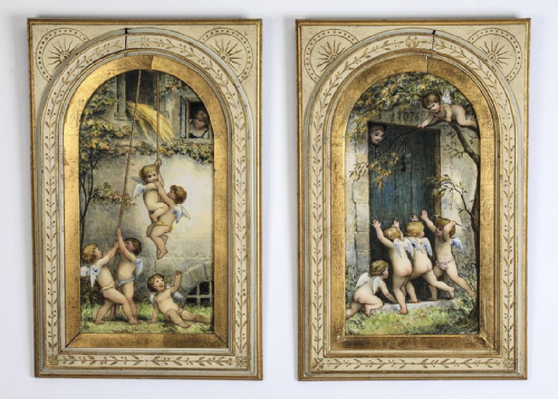 (2) 19th c. Minton majolica plaques of putti, marked (1 of 4)