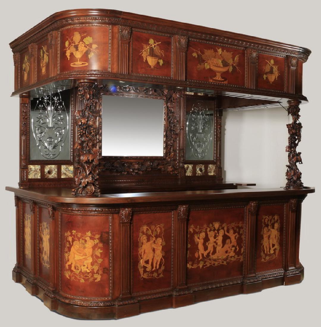 Italian marquetry inlaid canopy bar, 105"h: Italian canopy bar, the exterior marquetry inlaid with various panels depicting fruit filled compotes and putti enjoying the grape harvest, the interior canopy with built-in slats for holding wine gla