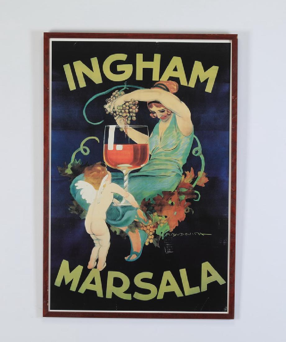 Framed advertising poster print for 'Ingham Marsala': After Marcello Dudovich (Italian, 1878-1962), contemporary framed advertisement poster print for 'Ingham Marsala,' depicting a seated maiden figure surrounded by autumn foliage raising grapes over a w