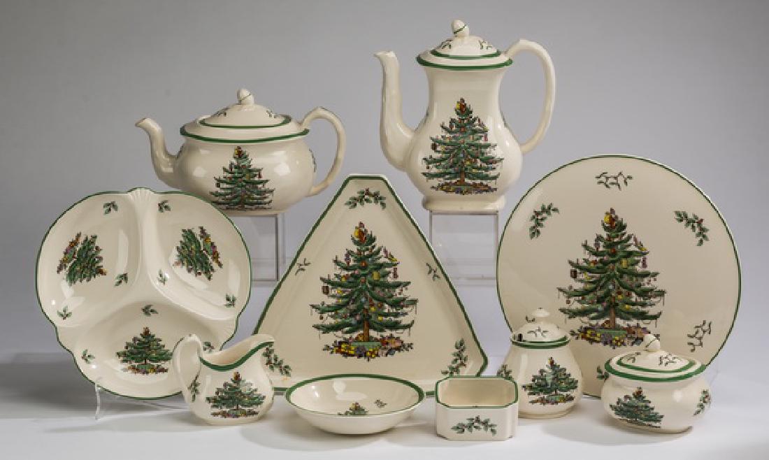 10-Piece Spode 'Christmas Tree' table accessories: Spode porcelain table accessories in the 'Christmas Tree' pattern, comprising: (1) coffee pot 9.25"h x 8.25"w x 3.5"d; (1) tea pot 6.25"h x 9.75"w x 5"d; (1) creamer; (1) sugar; (1) jam pot; (1) 3-par