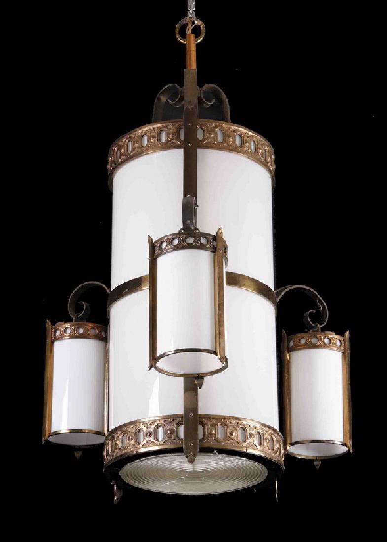 Early 20th c. bronze & milk glass chandelier, 48"h (1 of 1)