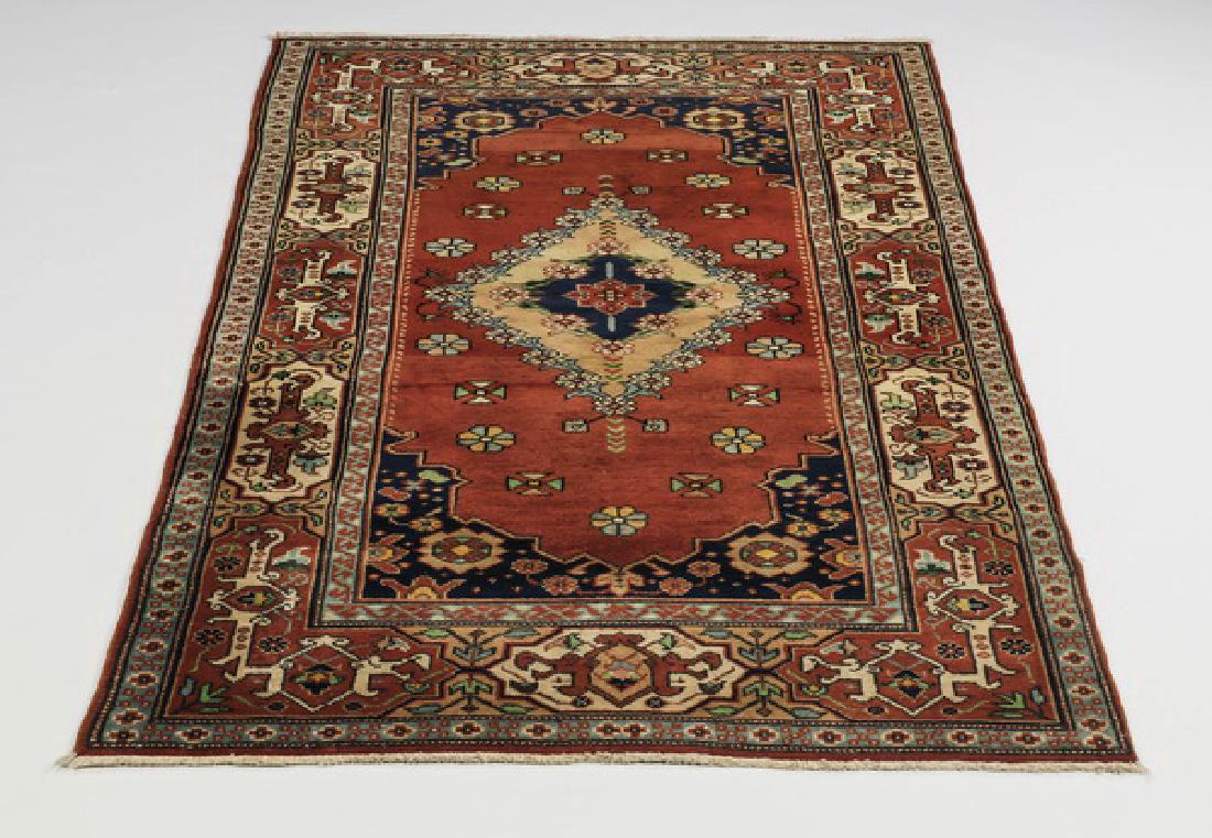 Hand knotted wool Transylvanian rug, 4 x 6: Hand knotted wool Transylvanian rug, having a cream medallion on a rust ground with scattered rosettes within an alternating cream and rust cartouche border, 6' 3" x 3' 10".