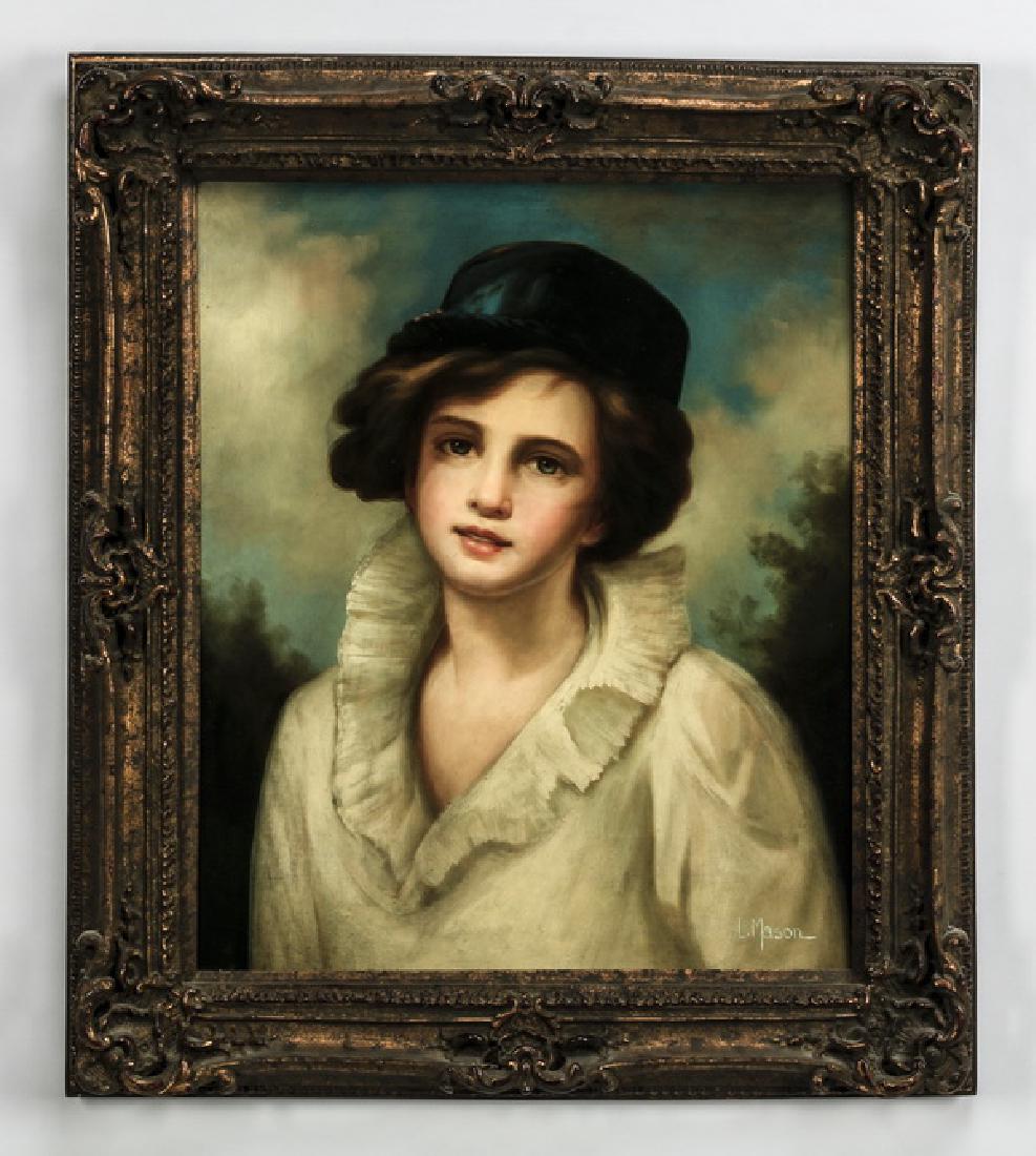 20th c. Continental style O/c of young boy, signed: 20th century Continental style oil on canvas, depicting a young boy wearing a cap and ruffled collar against a pastoral backdrop, artist signed 'L Mason' at lower right, 24"h x 20"w, overall dimension