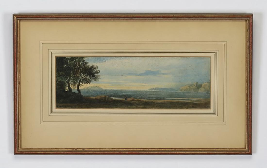 19th c. English watercolor attr. to John Varley: Attributed to John Varley, O.W.S (British, 1778-1842), watercolor on paper titled '"On the coast near Weston-super-mare, Somerset," depicting a lone figure on the shore of a lake with trees beside, ap