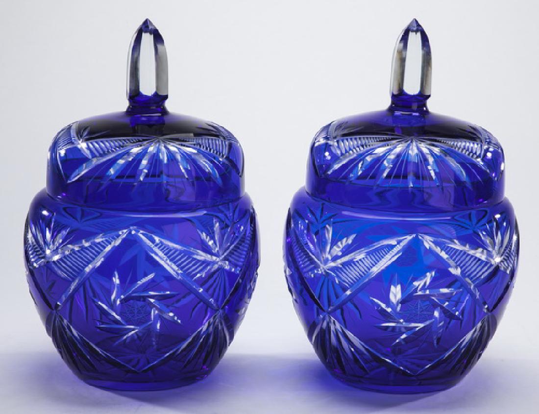 (2) Bohemian cobalt crystal lidded jars, 11"h (1 of 2)