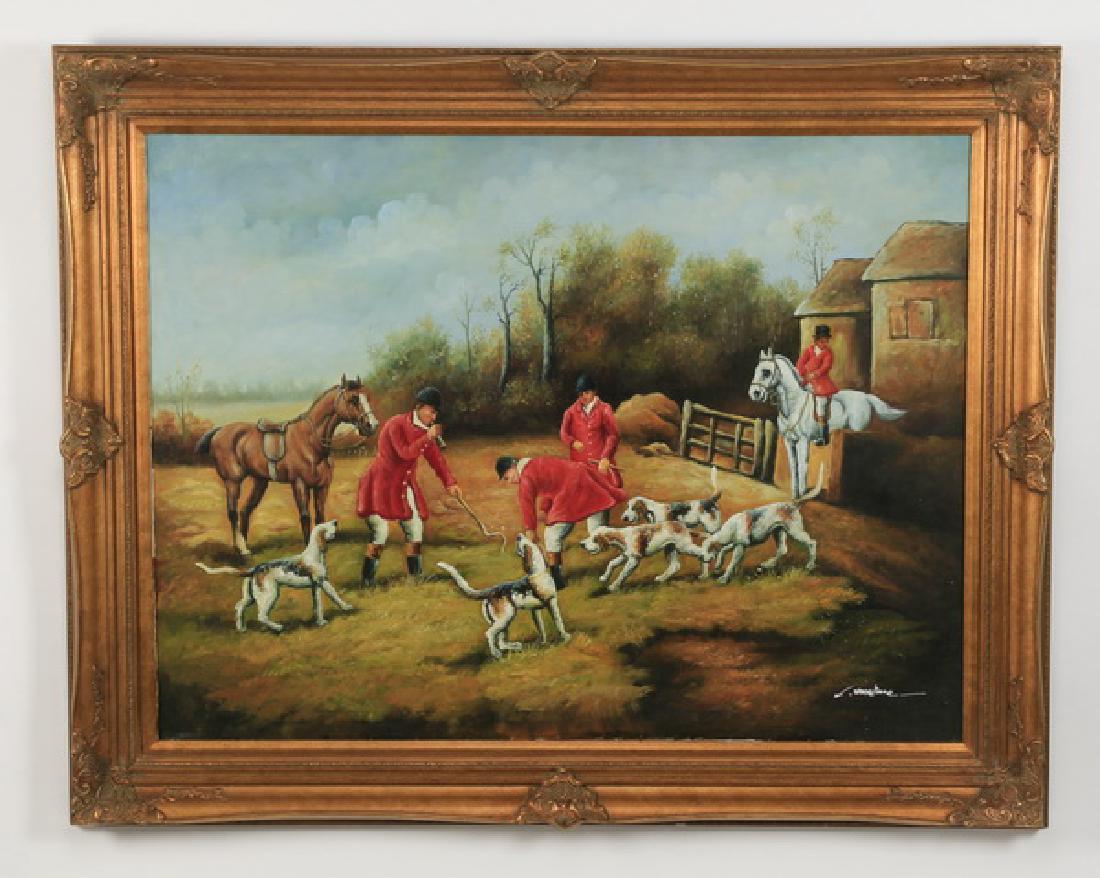 Acrylic on canvas of English hunt scene, 56"w (1 of 5)