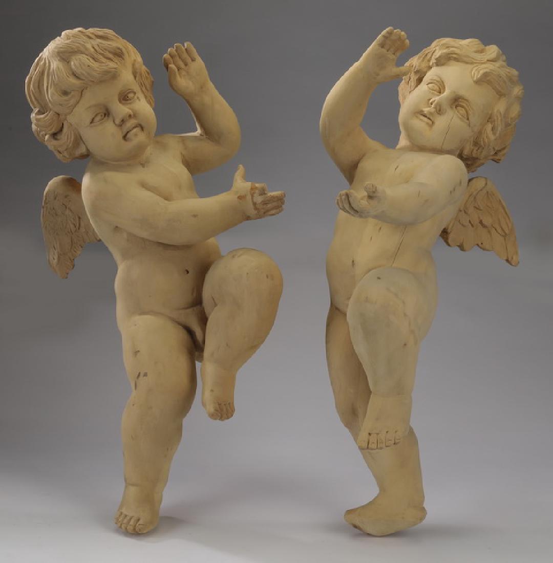 (2) Unfinished Italian carved wood cherubs (1 of 3)