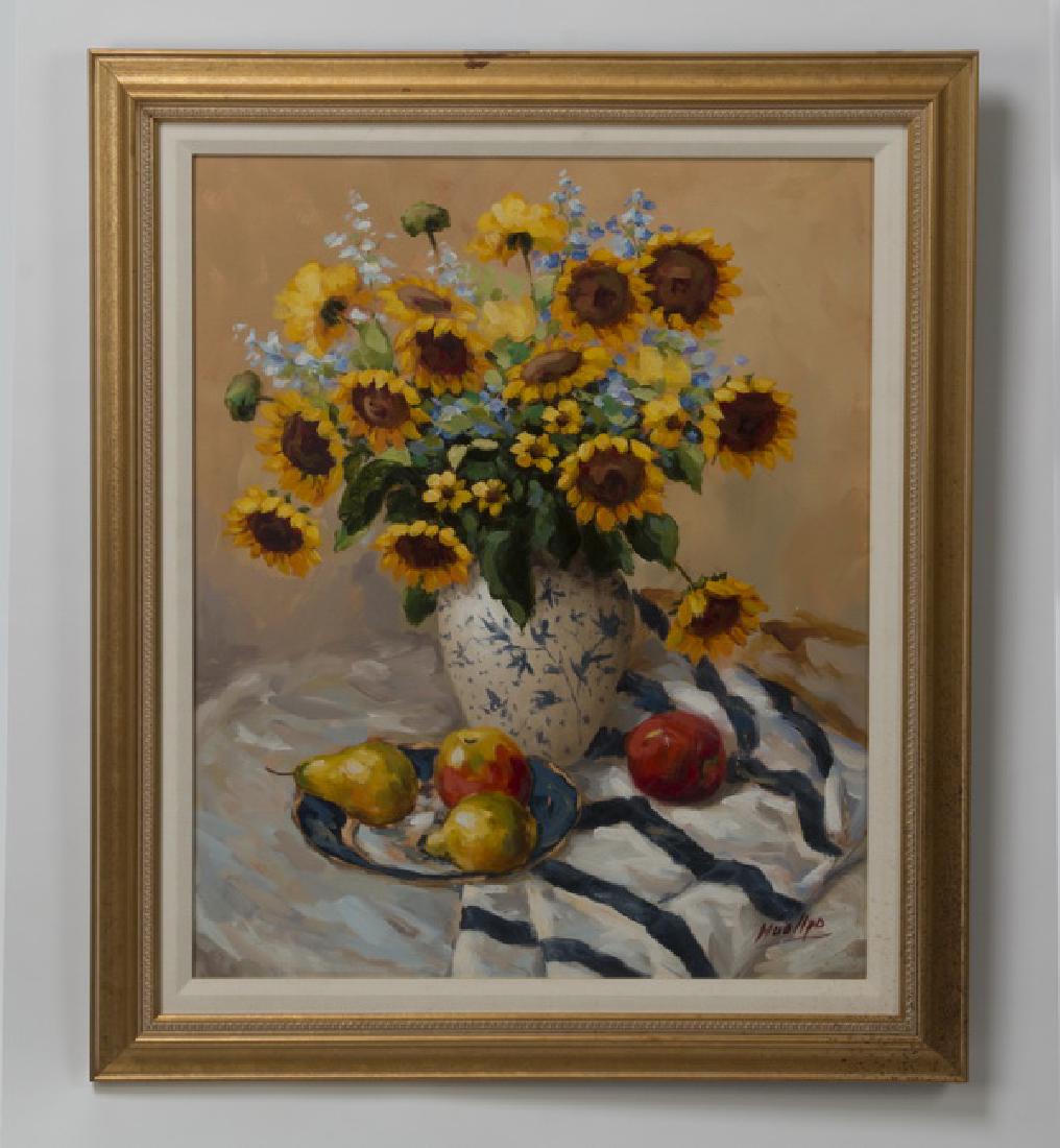 20th c. O/c of sunflowers and fruit, artist signed (1 of 3)