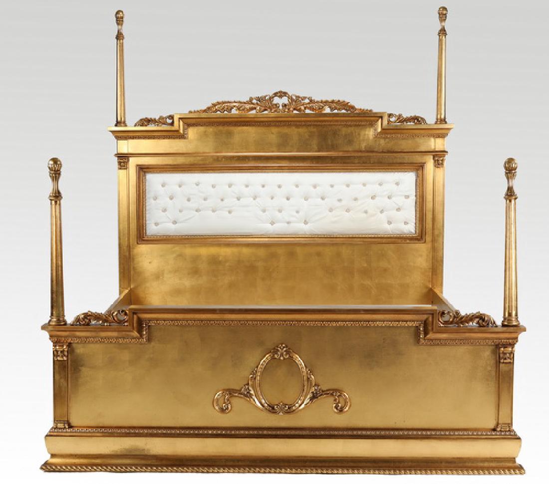 Gilt wood & silk upholstered king bedstead (1 of 2)