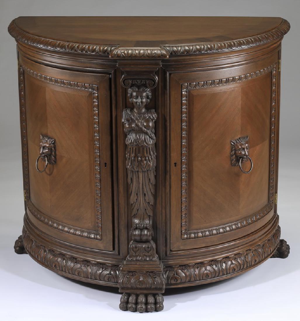 American carved demilune cabinet w/ central caryatid (1 of 3)