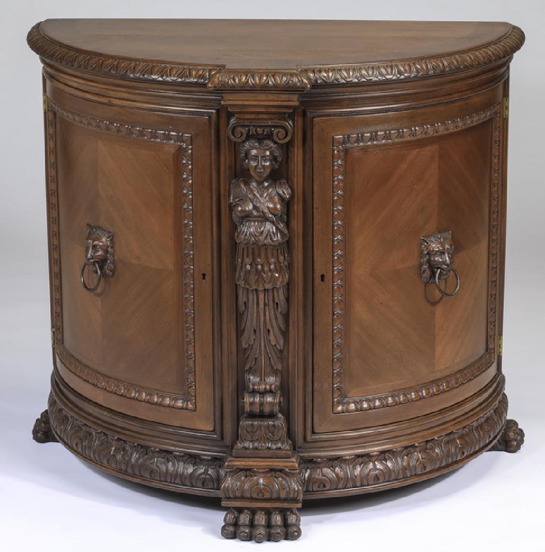 American carved demilune cabinet w/ central caryatid (1 of 3)