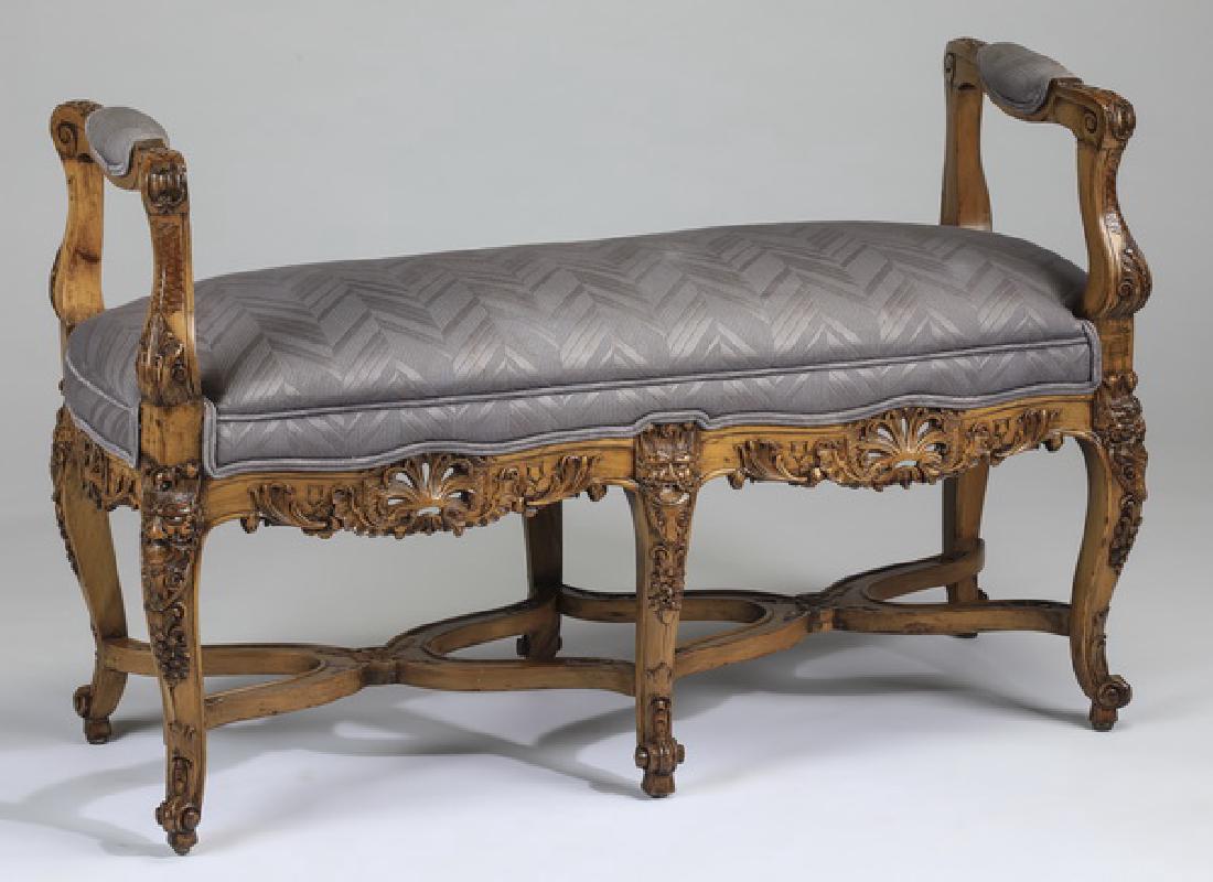 Rococo style oak bench with recent upholstery, 42"w (1 of 3)