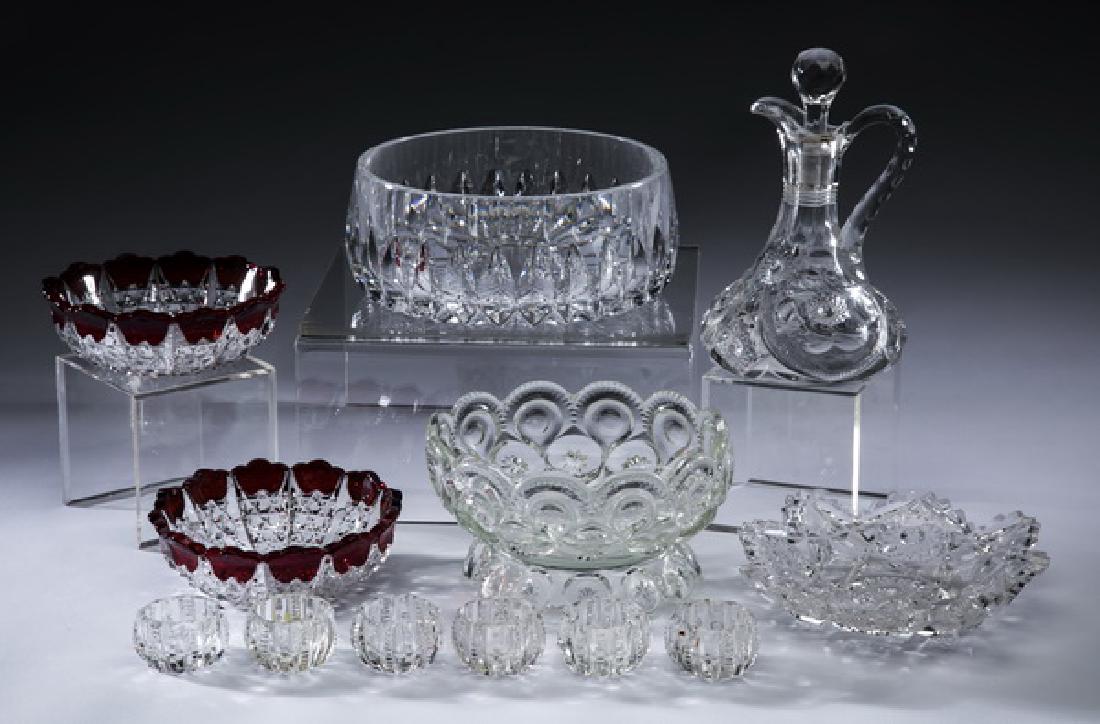 12-Pcs crystal & cut glass table accessories: Crystal and glass table accessories, comprising: (1) crystal serving bowl with a cut diamond motif border, 3"h x 6.5"dia; (1) American brillant cut crystal scalloped bon-bon dish with a cut star motif
