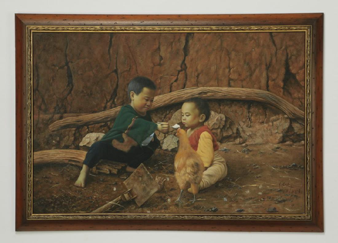 Chinese O/c of two boys in a farmyard, signed, 42"w (1 of 3)
