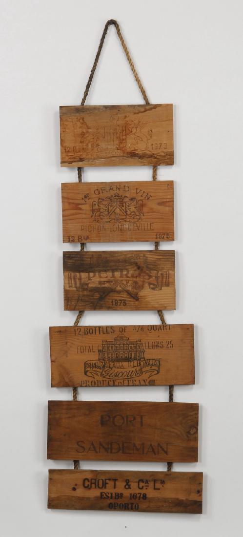 French wine sign wall hanging: French wall hanging, crafted from panels of French wine crates, strung together with rustic rope, 52.5"h x 17"w.