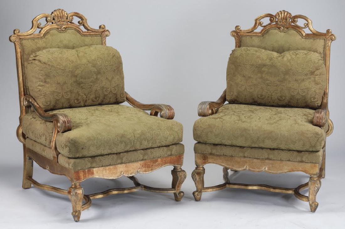 (2) Gilt wood fauteuils w/ silk damask upholstery (1 of 2)