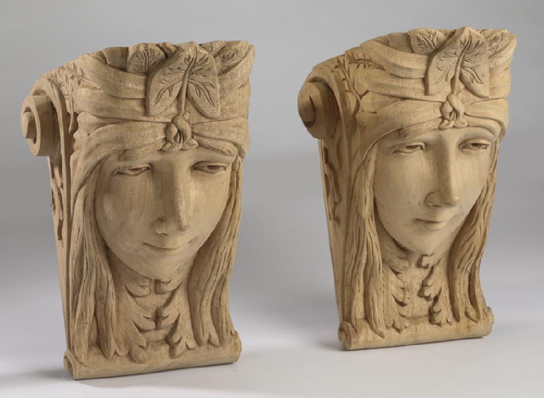 (2) Unfinished carved wood figural corbels (1 of 2)