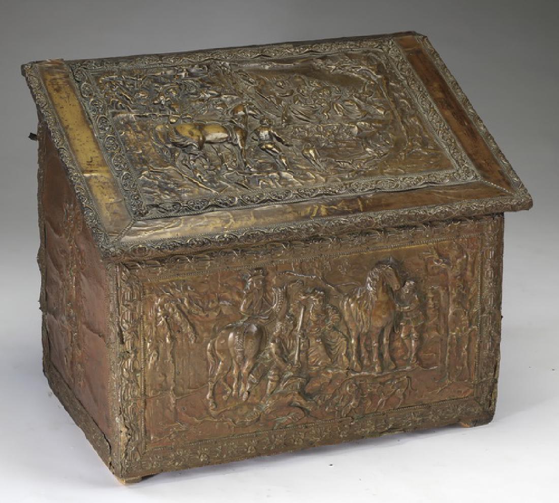 Early 20th c. embossed brass kindling box (1 of 5)