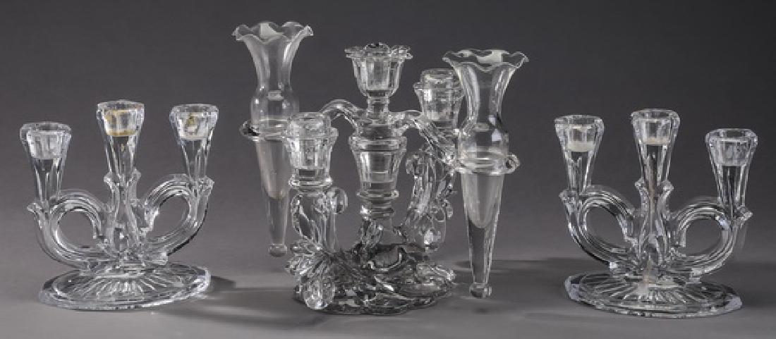 (5) Cambridge glass candelabra & epergne garniture: Cambridge glass candelabra and epergne garniture, comprising a Caprice pattern triple candelabra (Cambridge #1358), with two foliate arms resting on a leaf form base, 7"h x 11"l x 5"w; with a double e