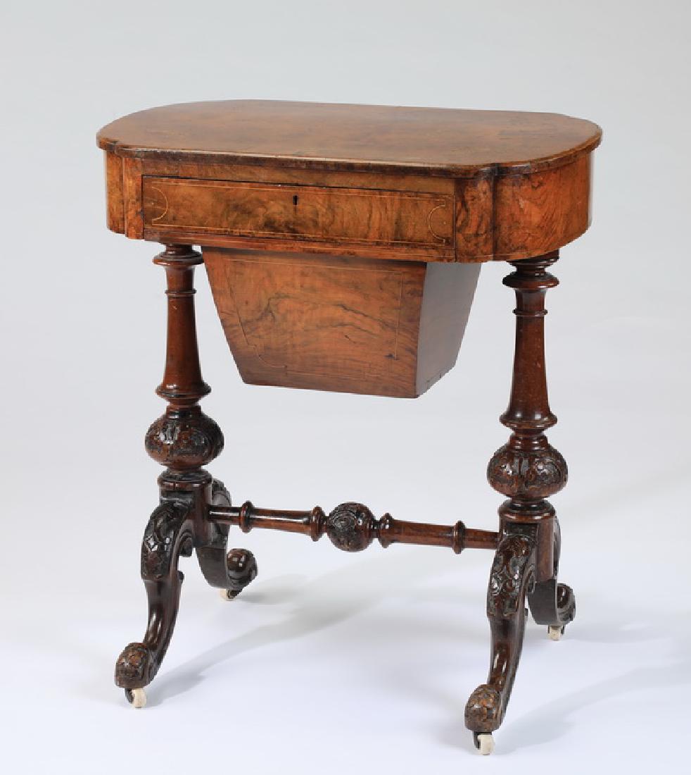 Victorian burl veneer inlaid sewing table, 27"h (1 of 2)