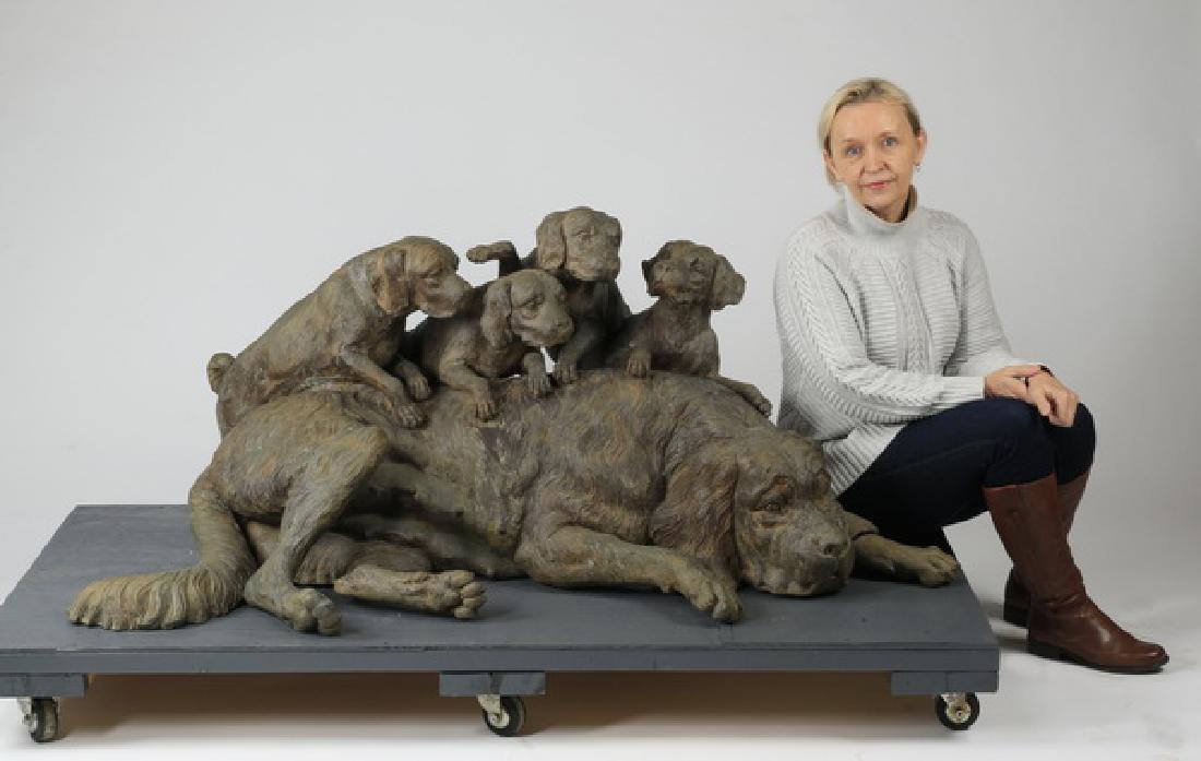 Patinated bronze sculpture of dog & puppies, 60"w (1 of 4)