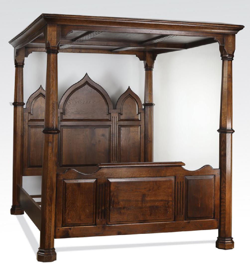 Gothic Revival queen size oak canopy bedstead, marked (1 of 6)
