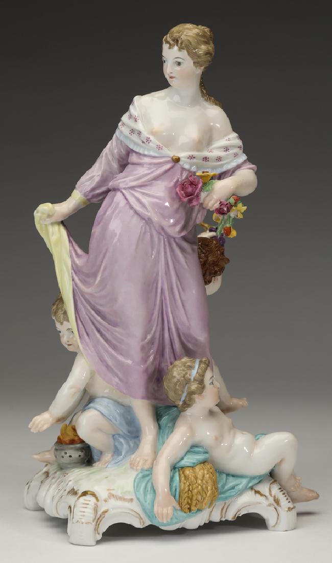 Early 20th c. KPM porcelain figure of Demeter, marked: Early 20th century K.P.M. porcelain figure of the Greek goddess Demeter, depicted wearing a flowing light pink gown holding a bouquet of flowers in one hand while the other holds up a corner of her go