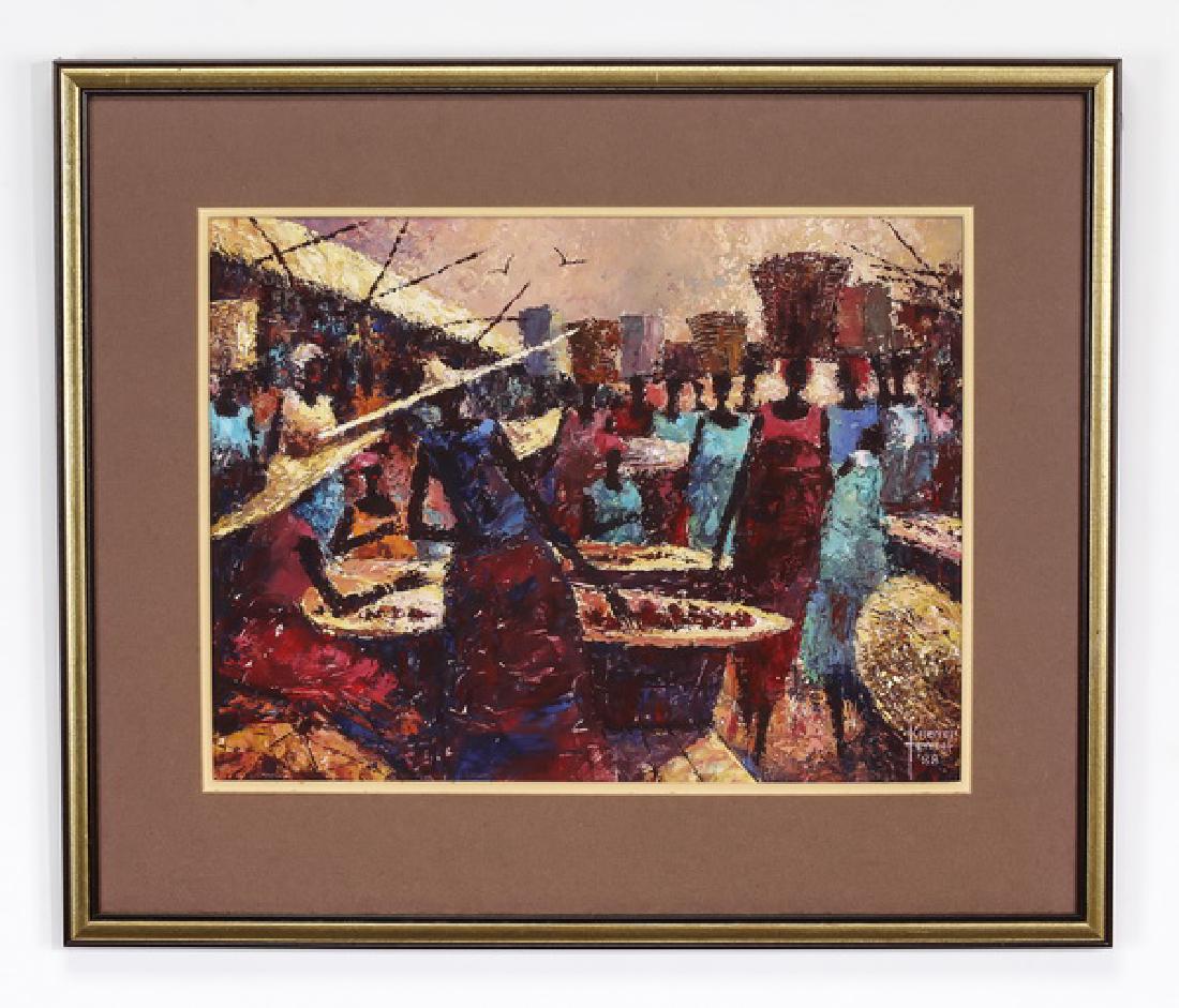 Krotei Tettah signed gouache, 'Market Day in Accra' (1 of 5)