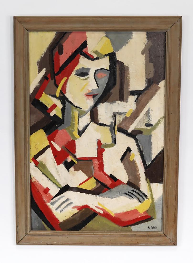 Midcentury abstract O/masonite of woman, signed: Sue McMullen (American, active 20th century), midcentury oil on masonite depicting a colorful geometric portrait of a woman with her arms crossed, artist signed 'Sue McMullen' in black at lower right,