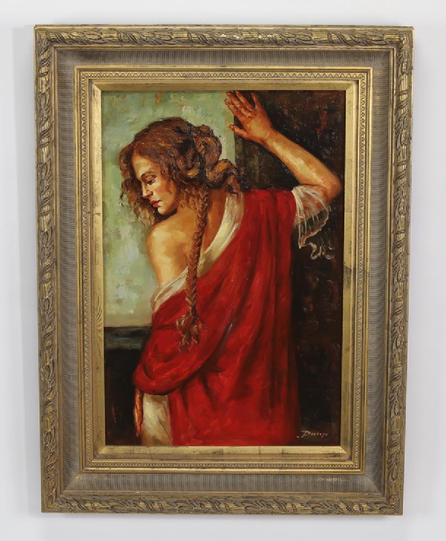 20th c. O/c of women in red robe at window, signed (1 of 4)