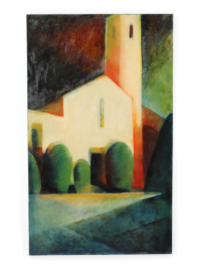 Kathleen Dunn O/c of Le Rouret Church in France: Kathleen Dunn (American, born 1960), oil on canvas titled 'Le Rouret Church,' depicting a church in the south of France, inscribed with title and dated en verso 'Le Rouret / Church / 4.98,' 60"h x 36"