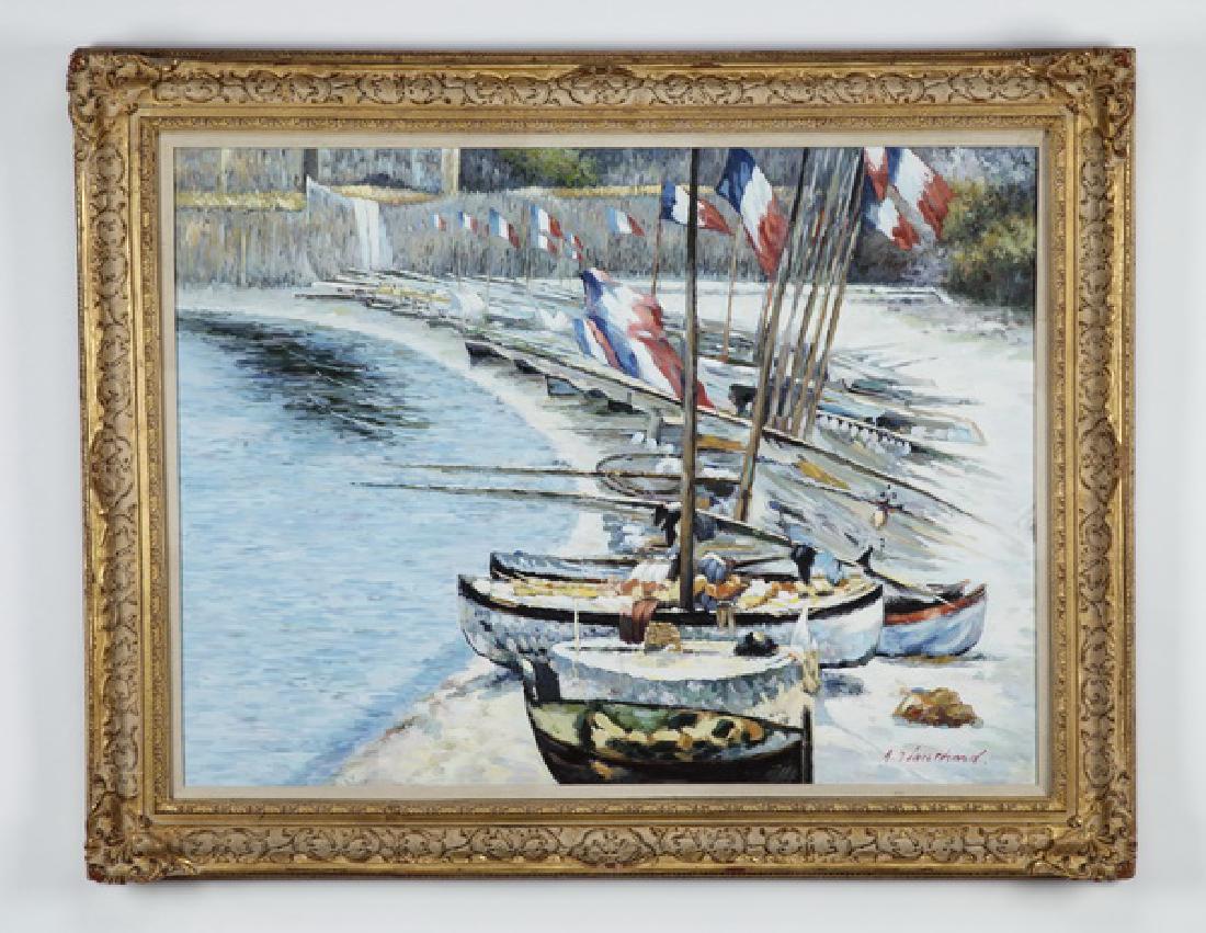 Charming French O/c of boats along the river w/flags (1 of 4)