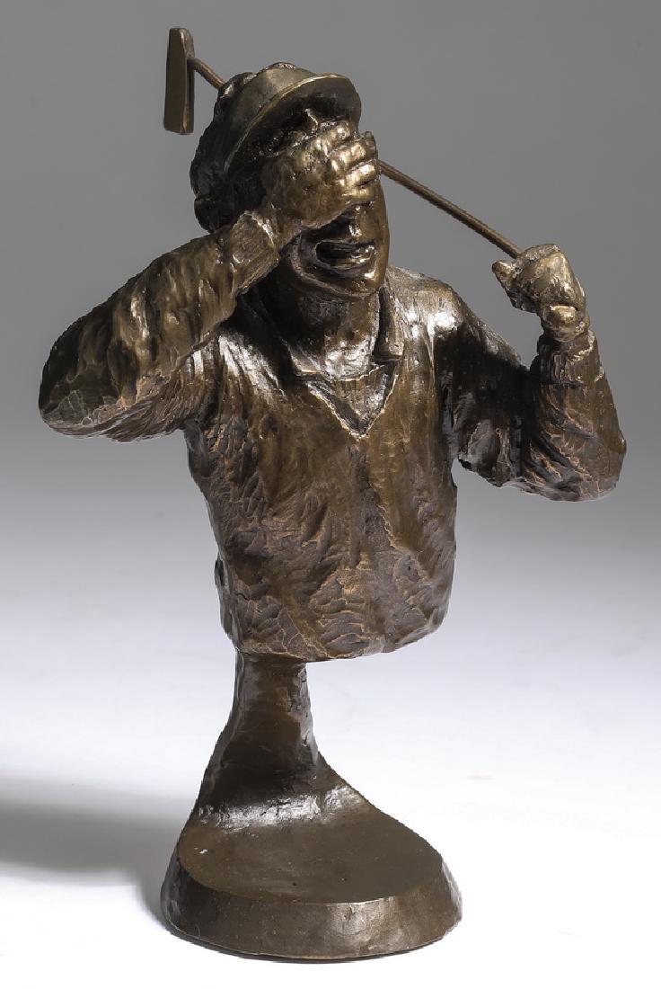 Mark Hopkins signed bronze sculpture 'I can't look': Mark Hopkins (American, active), 'I can't look' bronze sculpture, depicting a half portraiture of a golfer wearing a baseball hat and collared shirt, holding a golf club up in one hand while his other