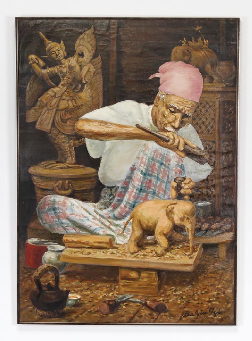 Burmese O/c, wood carver in his shop, signed, ca 1986: Circa 1986 Burmese oil on canvas depicting an artisan in his Rangoon (Yangon) shop carving a wooden elephant, artist signed 'Bal yin Gyi' at lower left, 33"h x 23"w, overall dimensions including frame