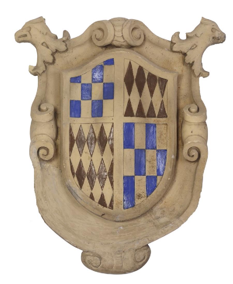 Polychrome decorated cast stone heraldic shield, 43"h (1 of 1)