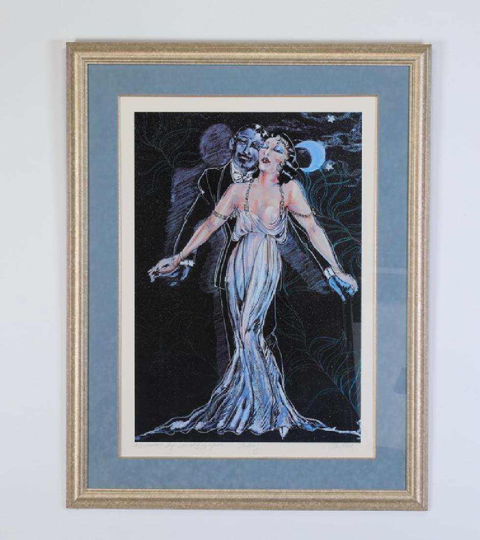 20th c. signed lithograph of Art Deco couple, 44"h (1 of 4)