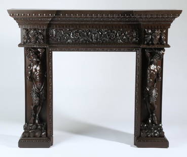 19th c. Italian figural carved mantel, after Frullini: 19th century Italian carved walnut mantel, in the manner of Luigi Frullini, (Italian, 1839-1897), the mantel shelf with an egg and dart border surmounting a relief carved frieze of scrolling foliate g