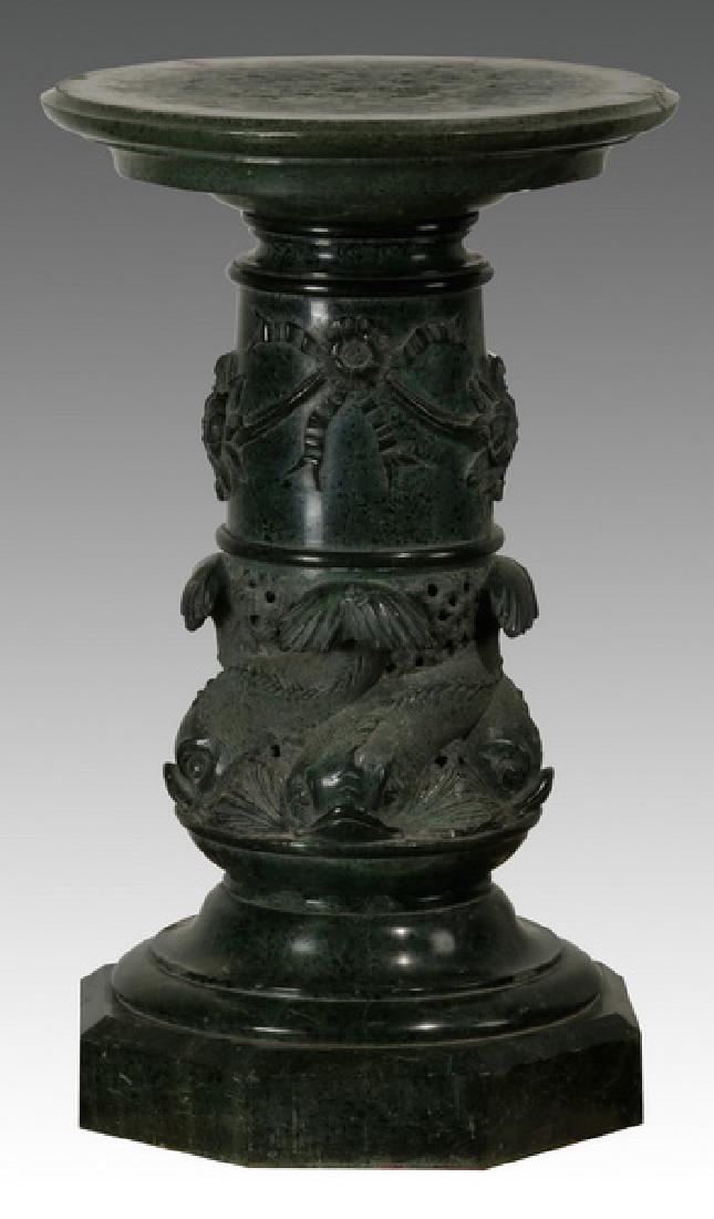 Early 20th c. dark green marble pedestal w/ dolphins (1 of 2)