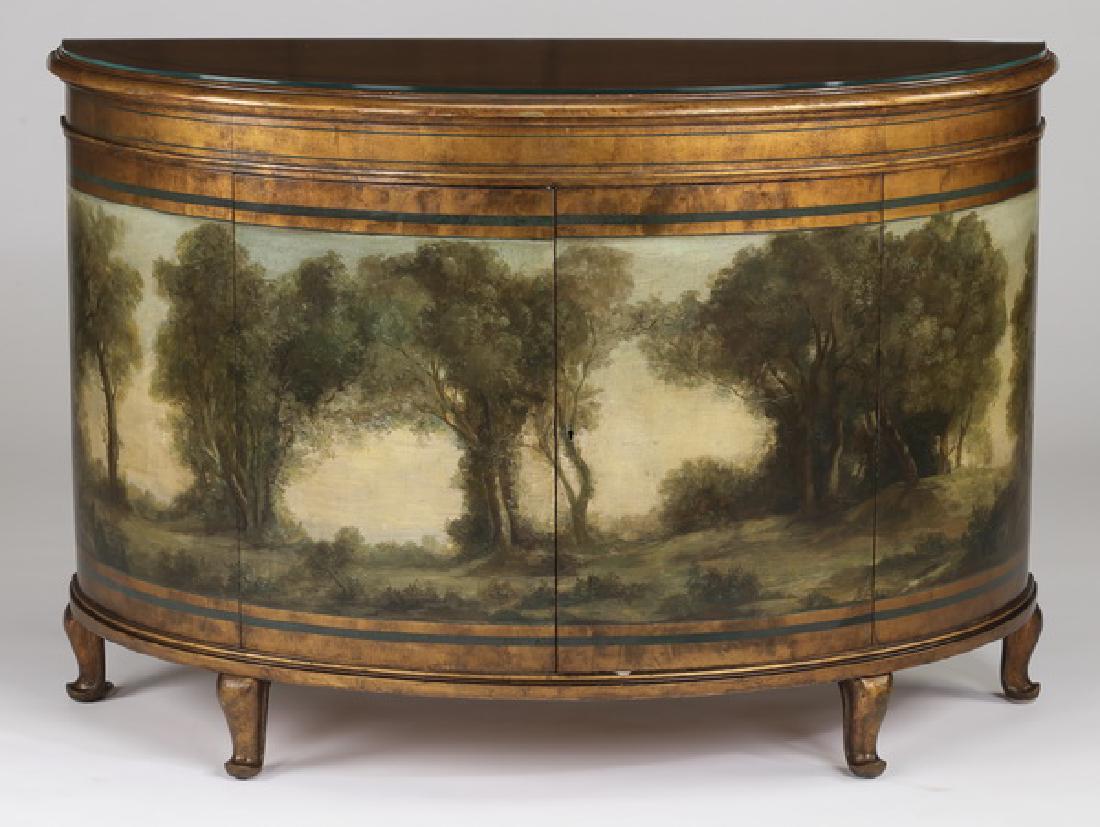 Paint decorated demilune cabinet w/ landscape motif (1 of 3)