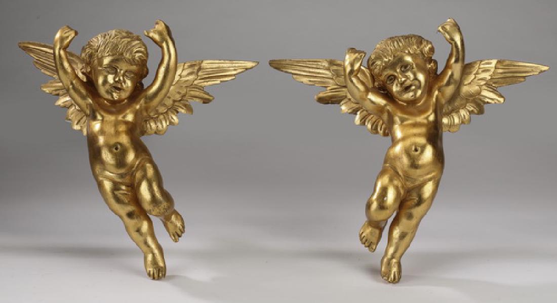(2) Italian carved and gilt cherubs, 14"h (1 of 2)