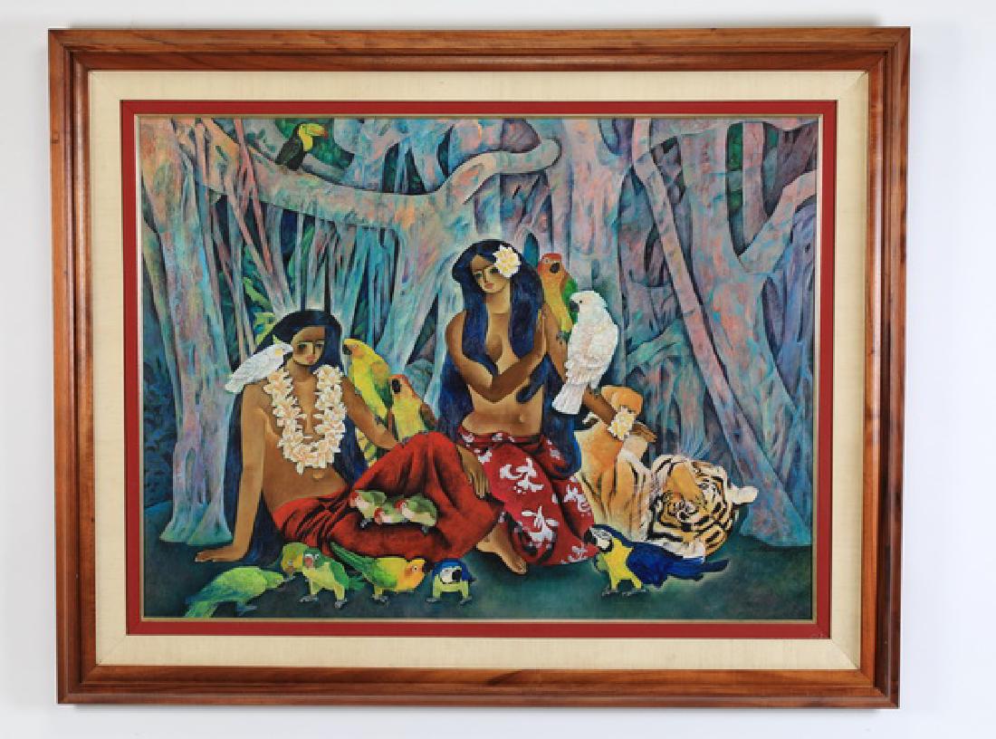 O/c of Polynesian beauties w/parrots & tiger, 59"w: Mid 20th century oil on canvas depicting two Polynesian beauties in red sarongs kneeling in a lush jungle with parrots, cockatoos, and a tiger while a toucan sits perched overhead, artist illegibly si