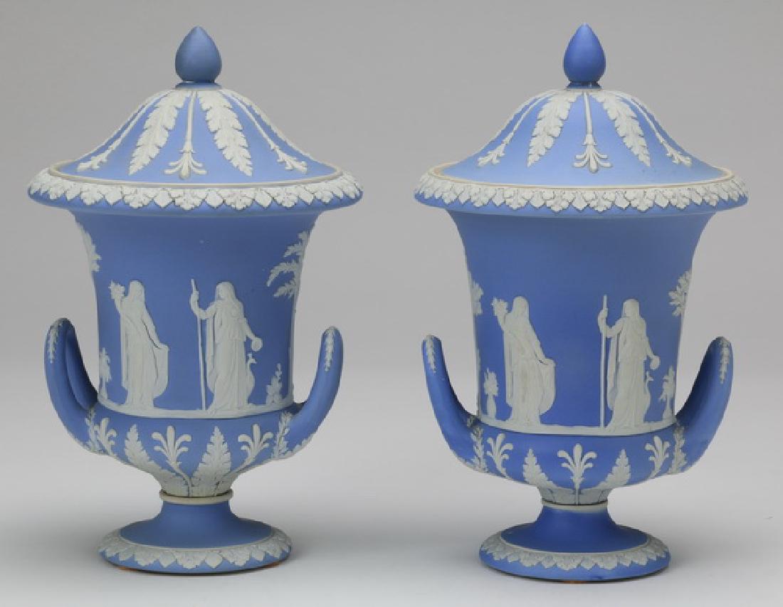 (2) 19th c. Wedgwood blue jasperware urns, 10"h (1 of 7)
