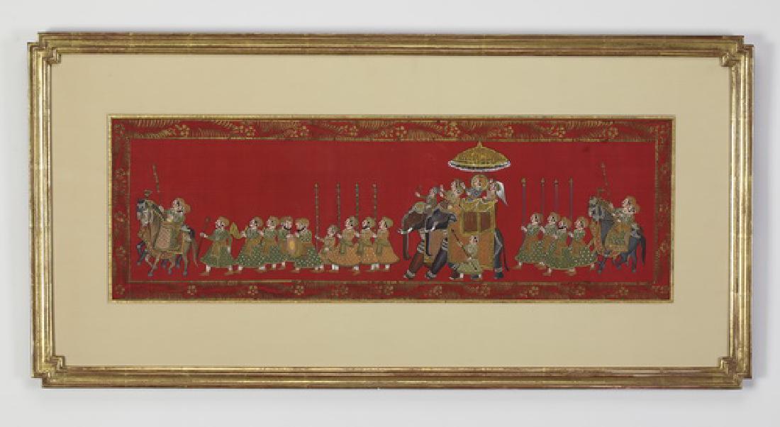 Framed Indo-Persian style painting on silk, 38"l (1 of 4)