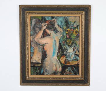 Sigmund Menkes (Polish) signed O/c of abstract nude: Zygmunt Jozef (Sigmund Joseph) Menkes (Polish, 1896-1986), oil on canvas depicting an abstract female nude fixing her hair in front of a mirror with a table containing a white pitcher and a bouquet of